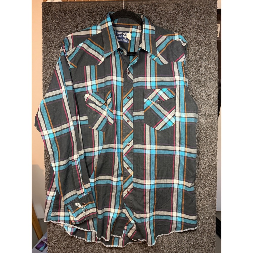 Wrangler Cowboy Cut Western Shirt Mens 16.5 x 34 Multi-Color Plaid Pearl Snap 84